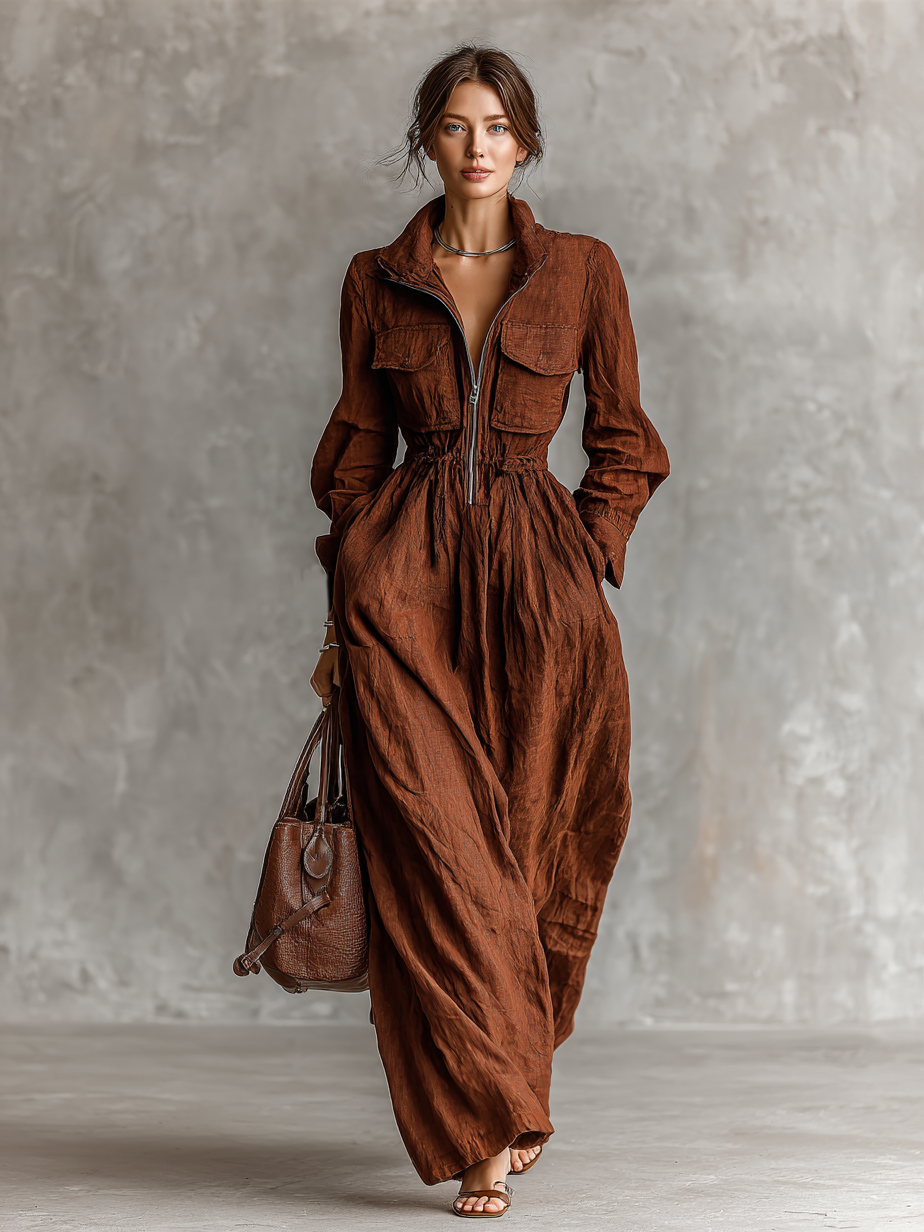Women's Cotton And Linen Zipper Lapel Elastic Waist Maxi Dress MDA1964H8Y