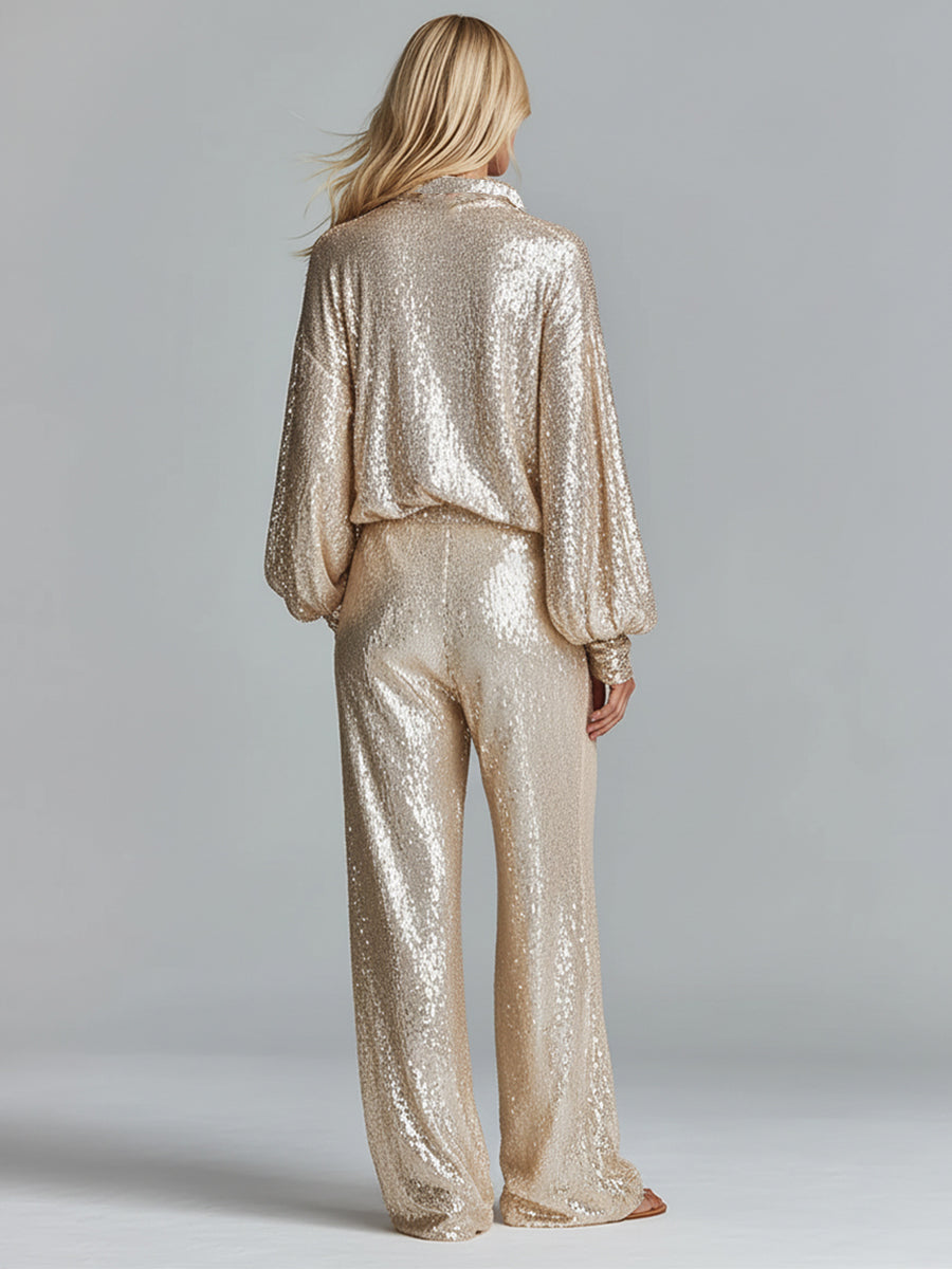 Women's Gold Glamorous Sequin Collared Half - Zip Wide - Leg Loungewear Party Set MDA2425I0I