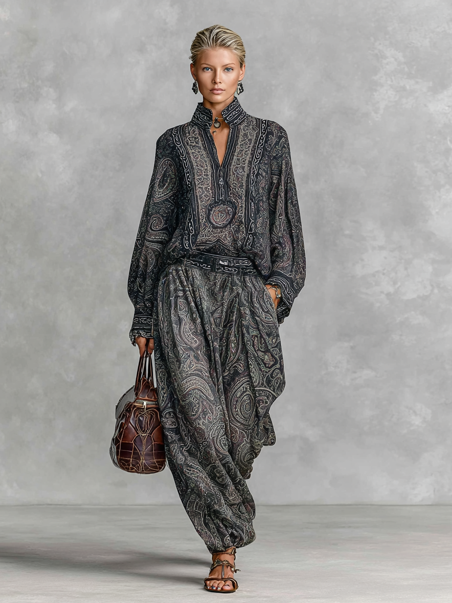 Women's Vintage Paisley Print Stand-up Collar Long Sleeve Shirt Trousers Two-piece Set MDA2558G3Y