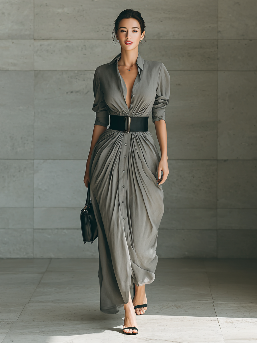 Ladies Lapel Long Sleeve Single Breasted Belt Maxi Dress MDA1758G1Y