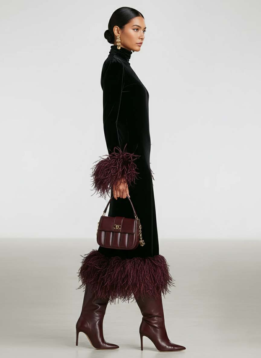 Women's Minimalist Velvet Patchwork Faux Ostrich Feather Cuffs And Hem Maxi Dress MDA1174J9Y