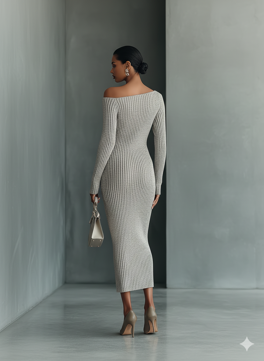 Women's Gray One-shoulder Knitted Dress MDA0233I9T