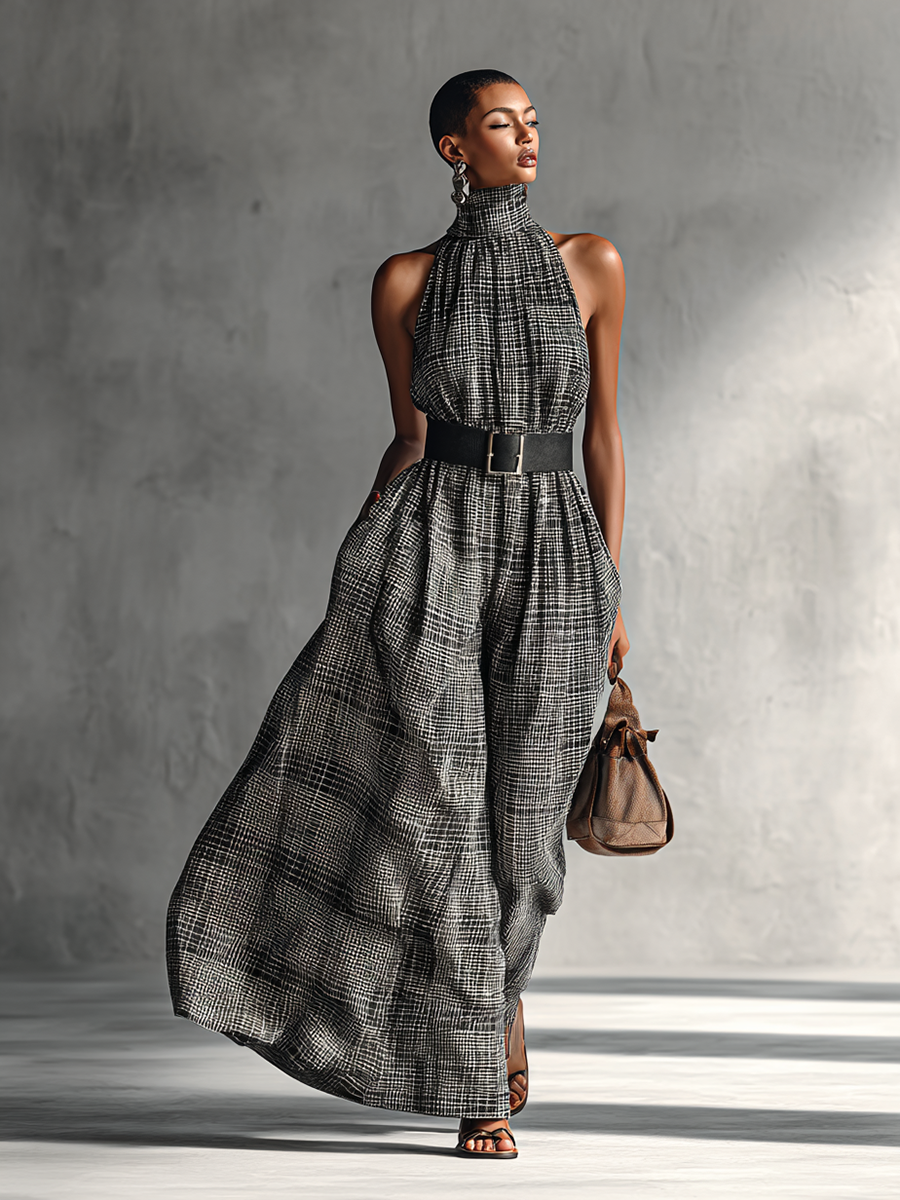 Women's Plaid High Collar Sleeveless Belted Maxi Dress MDA1002G2Y