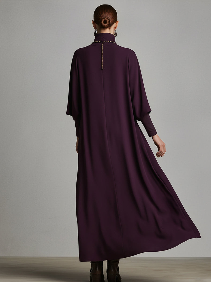 Women's Plum Draped Cotton-Blend Jersey Elegant Turtleneck Embroidered Maxi Dress MDA1202K8I