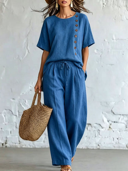Women's Loose & Slimming Two-Piece Set: Side-Button Short-Sleeve Top and Wide-Leg Pants