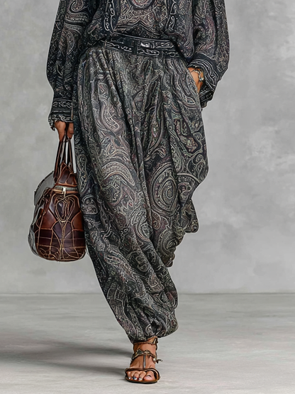 Women's Vintage Paisley Print Stand-up Collar Long Sleeve Shirt Trousers Two-piece Set MDA2558G3Y