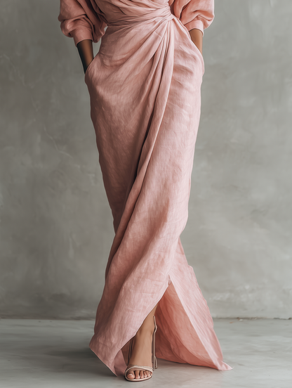 Women's  Pink Minimalist V-neck Linen Blend Maxi Dress MDA1655L0Y