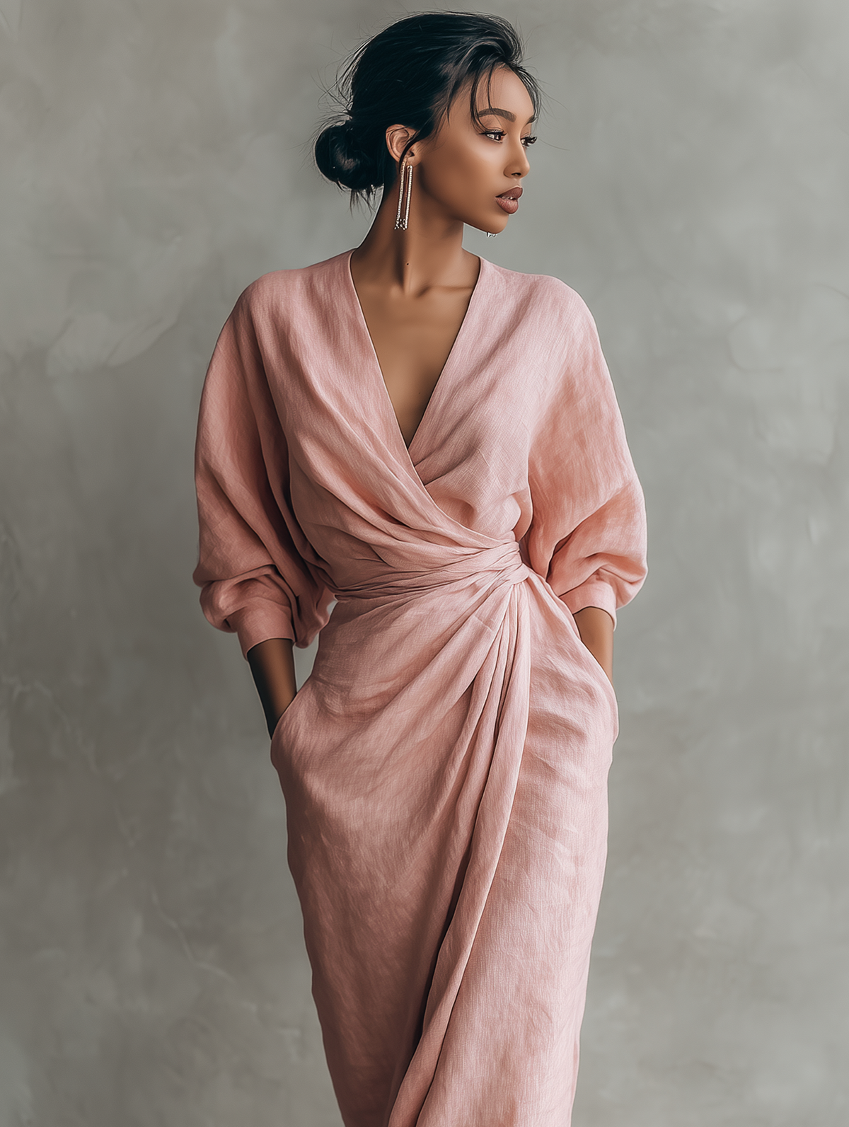 Women's  Pink Minimalist V-neck Linen Blend Maxi Dress MDA1655L0Y