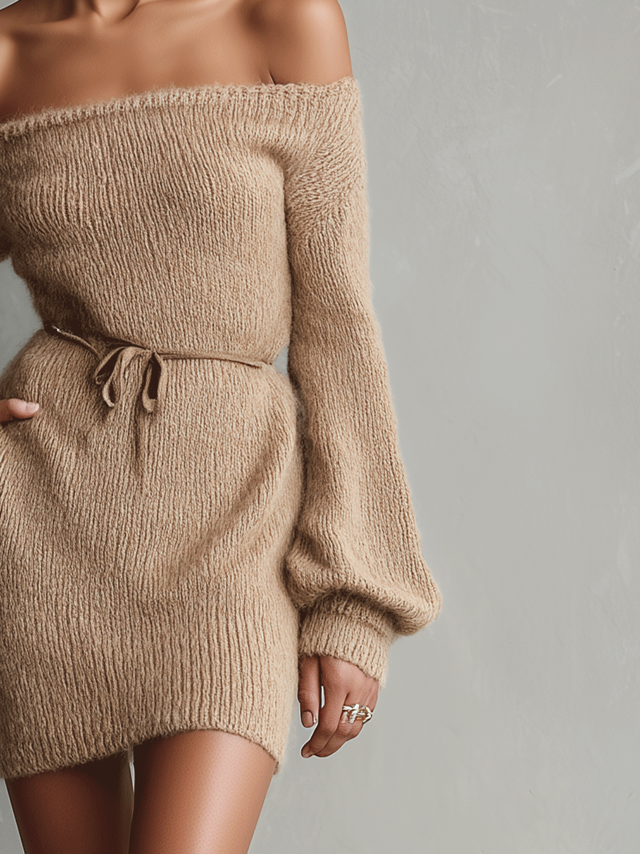 Women's Camel Elegant Fuzzy Knit Off - The - Shoulder Belted Mini Dress MDA0419I2I