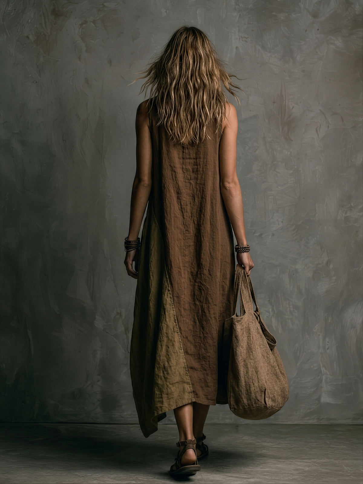 Women's Casual Brown And Khaki Cotton-Linen Patchwork V-Neck Sleeveless Asymmetrical Long Dress MDZ2290D1GMJ