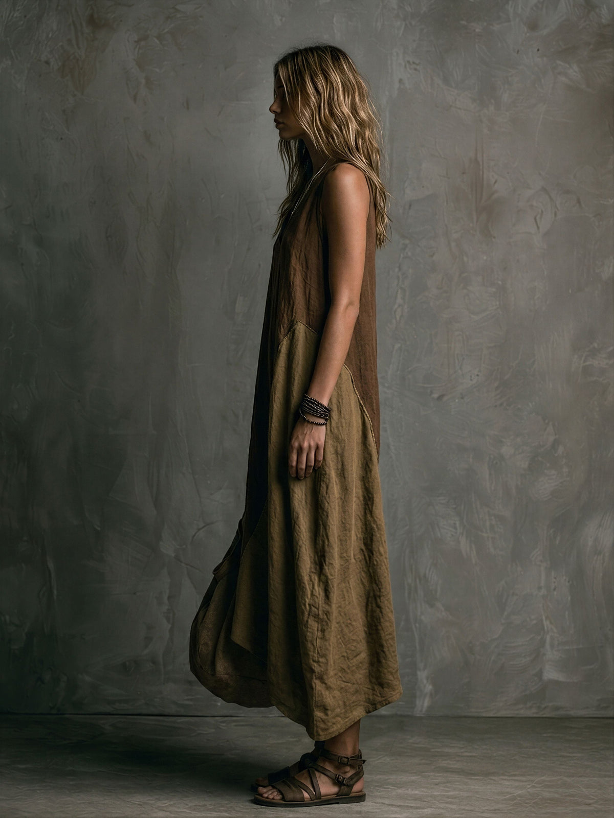 Women's Casual Brown And Khaki Cotton-Linen Patchwork V-Neck Sleeveless Asymmetrical Long Dress MDZ2290D1GMJ