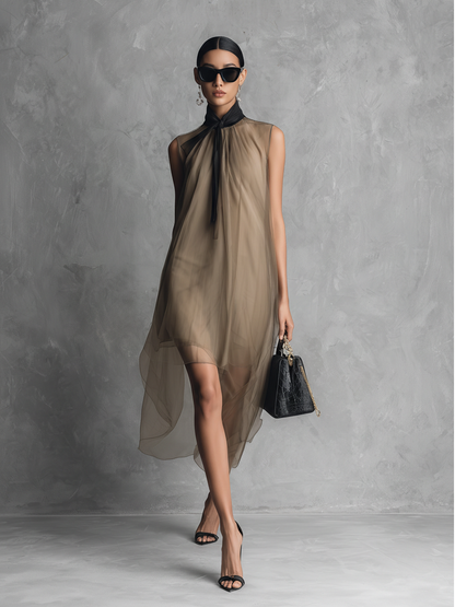 Women's Light Luxury Khaki And Brown Color-blocked Chiffon Sleeveless Dress MDZ1535A7BA