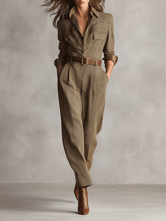 Women's Brown Sophisticated Tweed - Texture Plaid Utility Jumpsuit (without belt) MDA0167I2I