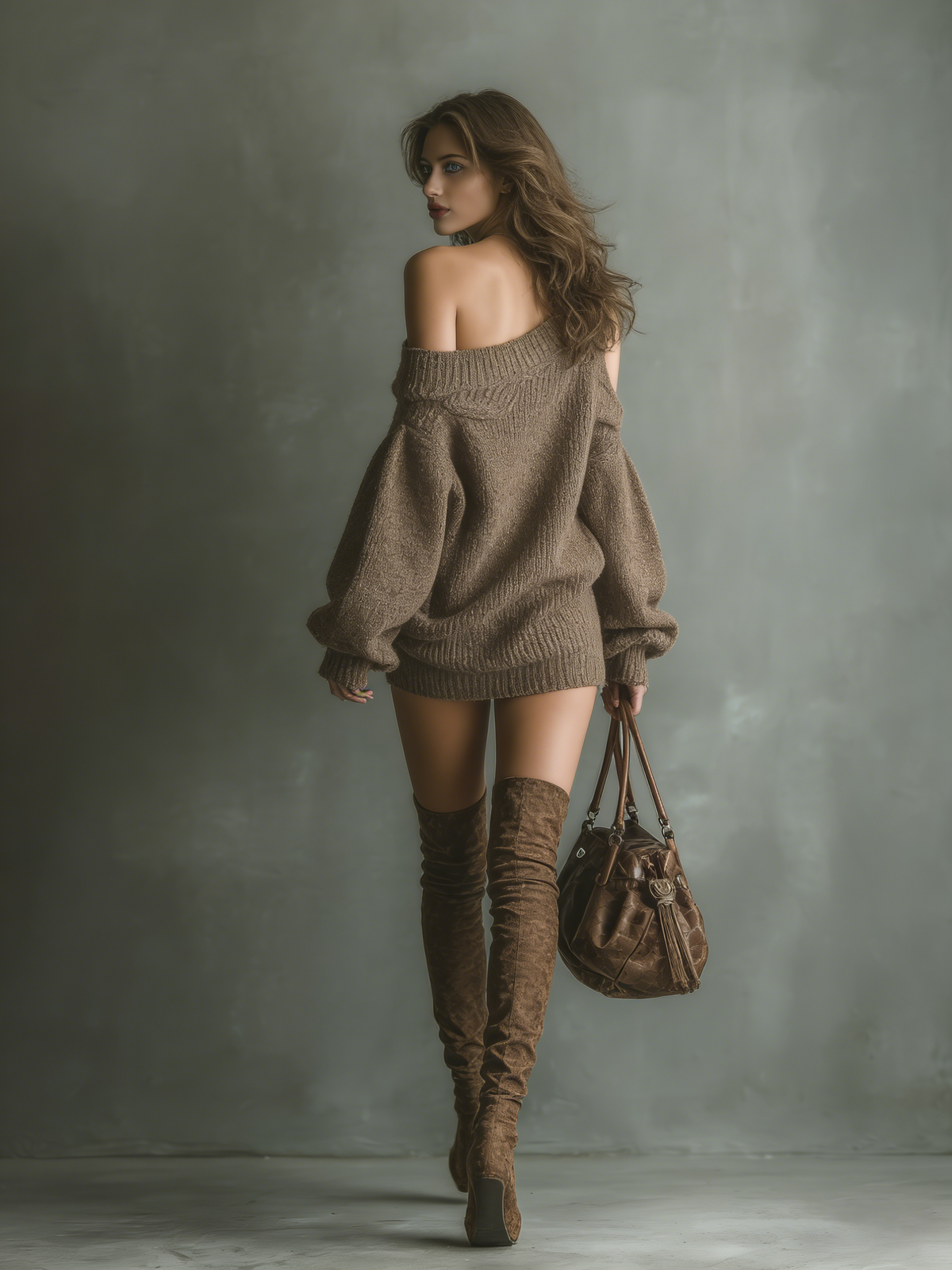 Women's Brown Off-shoulder Knit Mini Dress MDA1376K0T