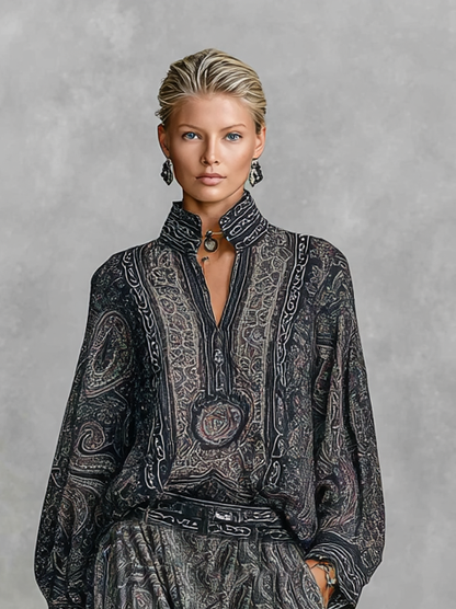 Women's Vintage Paisley Print Stand-up Collar Long Sleeve Shirt Trousers Two-piece Set MDA2558G3Y