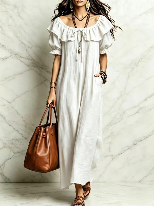 Women's Ruffle OFF Shoulder Loose Cotton-Linen Maxi Dress