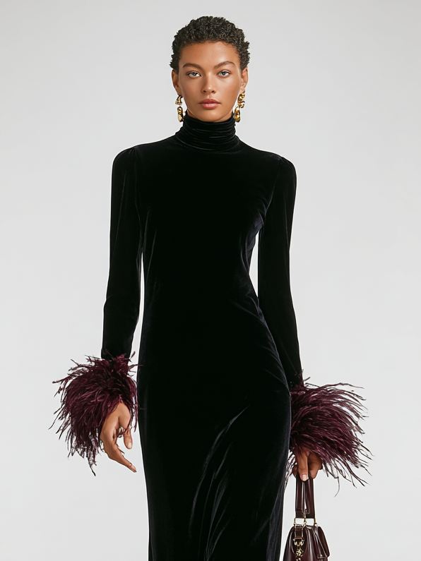 Women's Minimalist Velvet Patchwork Faux Ostrich Feather Cuffs And Hem Maxi Dress MDA1174J9Y