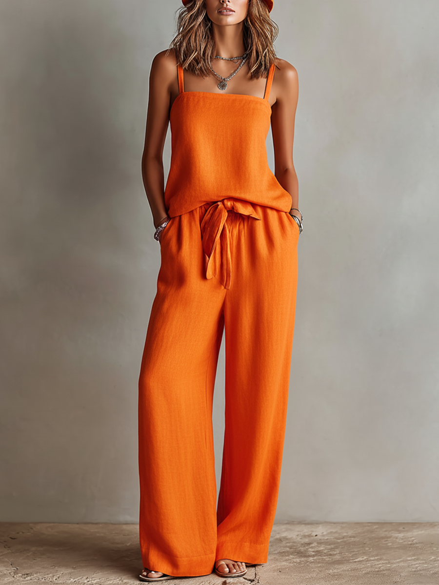 Women's Orange Linen Two-Piece Set With Square Neck Cami Top & Tie-Waist Wide-Leg Pants, Timeless Boho-Resort Style Set MDZ0825D5I