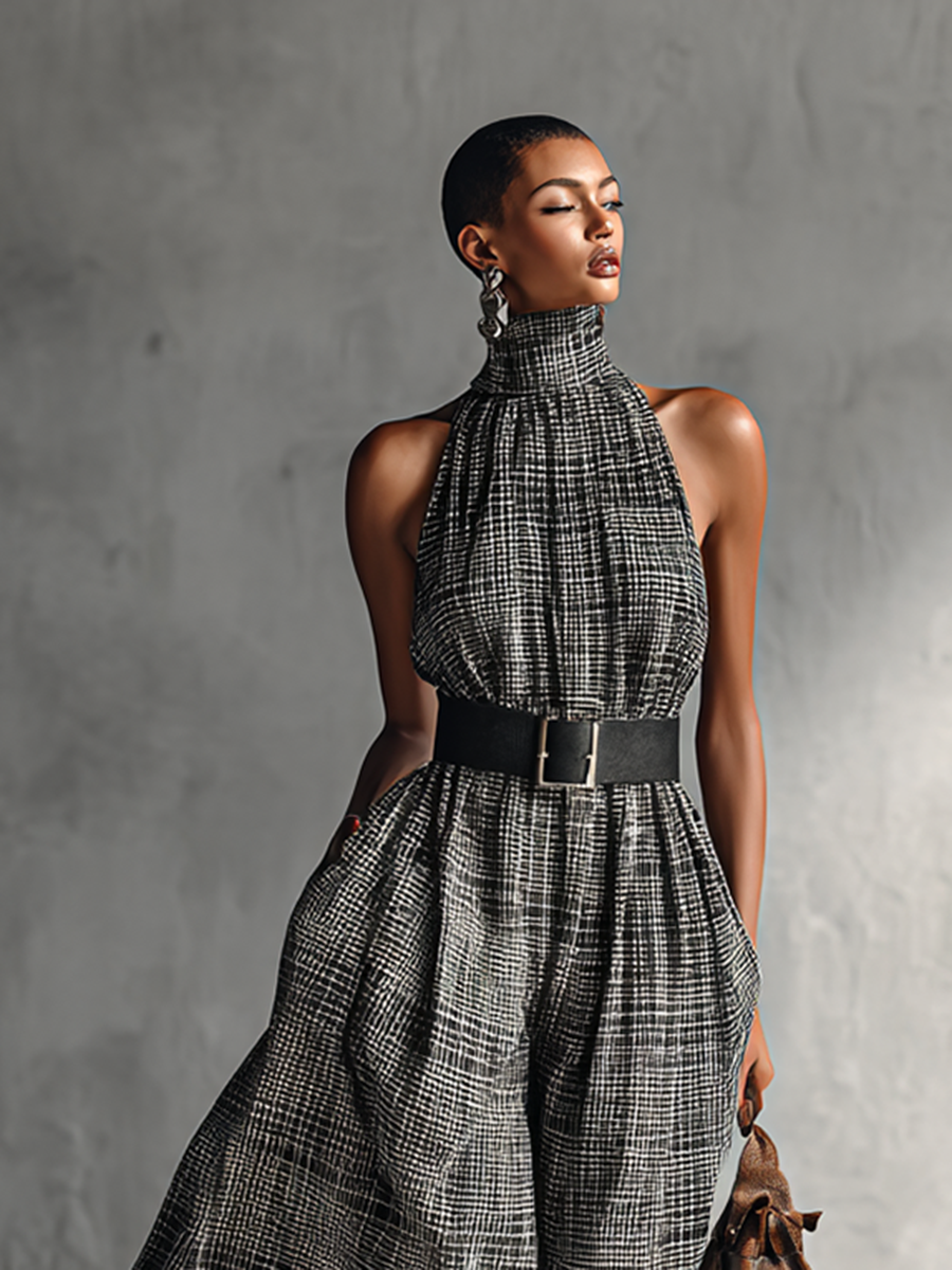 Women's Plaid High Collar Sleeveless Belted Maxi Dress MDA1002G2Y