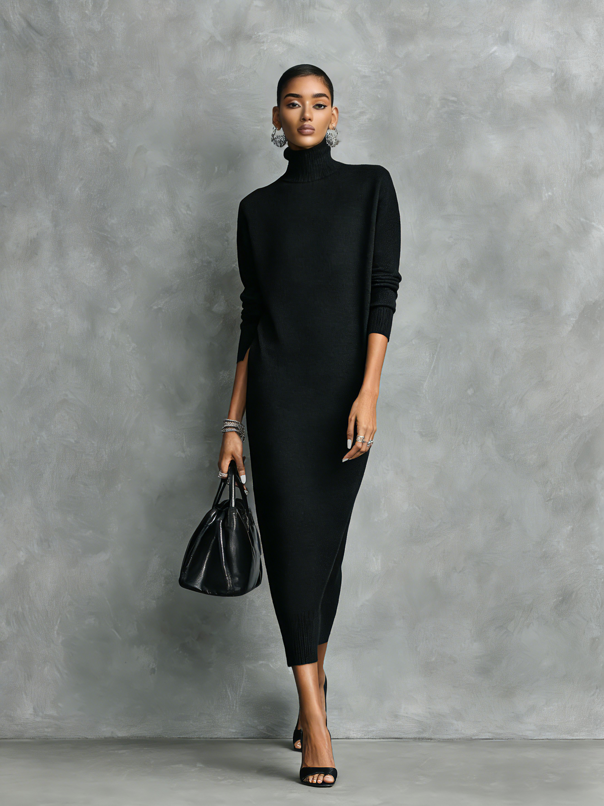 Women's Elegant Black Knitted Turtleneck Long-sleeved Loose-fitting  Midi Dress With No Pockets MDA1974L7AN