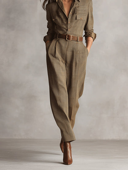 Women's Brown Sophisticated Tweed - Texture Plaid Utility Jumpsuit (without belt) MDA0167I2I