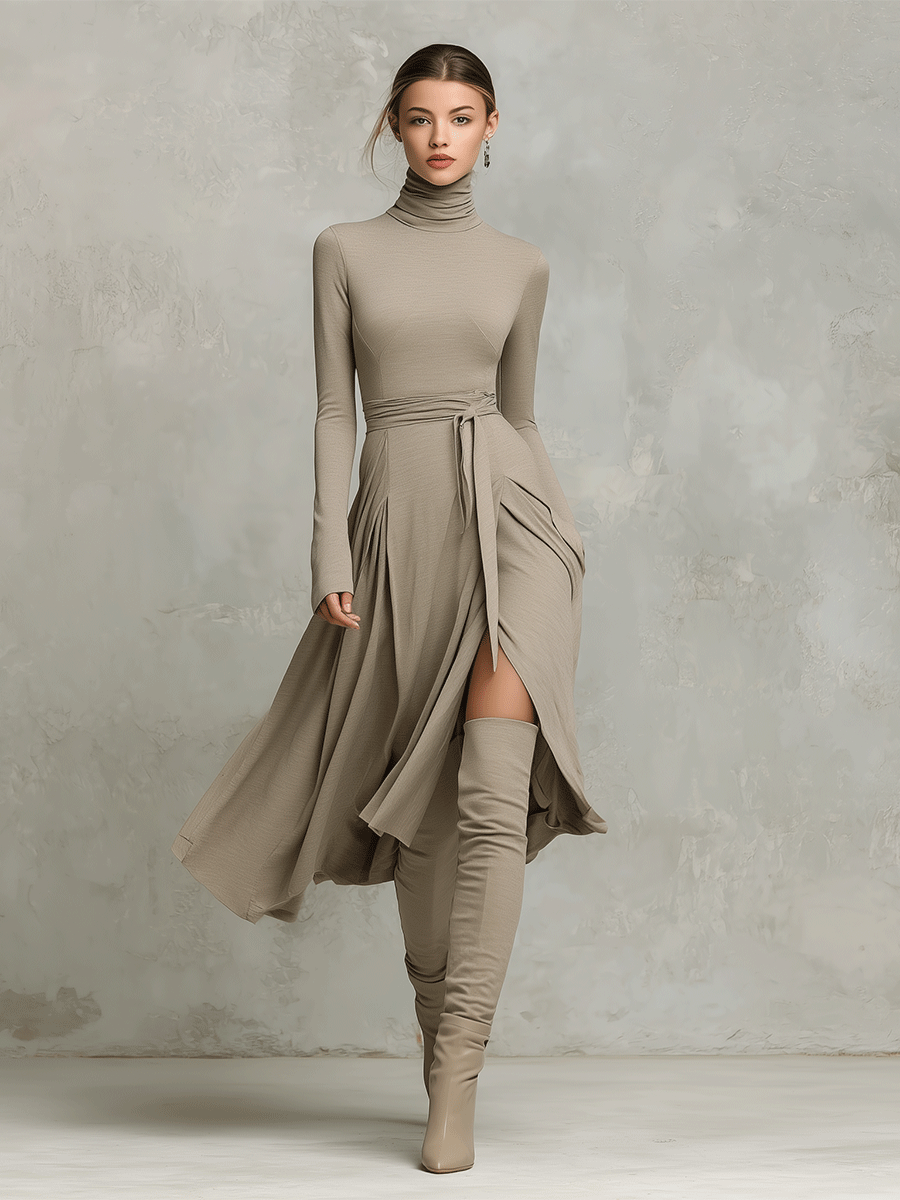 Women’s Elegant Figure-flattering Long Sleeves Knit Blend Midi Dress MDA2446G6I