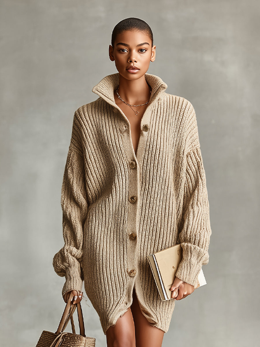 Women's Camel Elegant Button - Front Oversized Mini Cardigan Dress MDA1086J2I