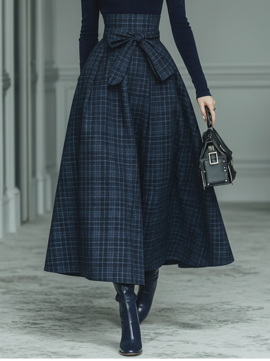 Women's Dark Blue High Elastic Knit And Plaid Wool Skirt Set MDA2592J7T