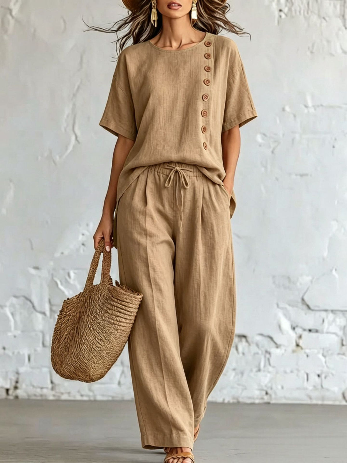 Women's Loose & Slimming Two-Piece Set: Side-Button Short-Sleeve Top and Wide-Leg Pants