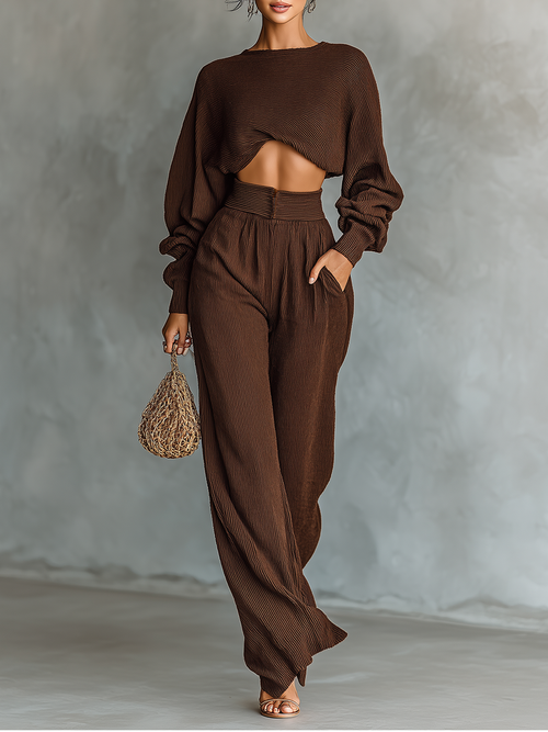 Women's Coffee-colored Short Top And Wide-leg Pants Knitted Set MDA3000G6T