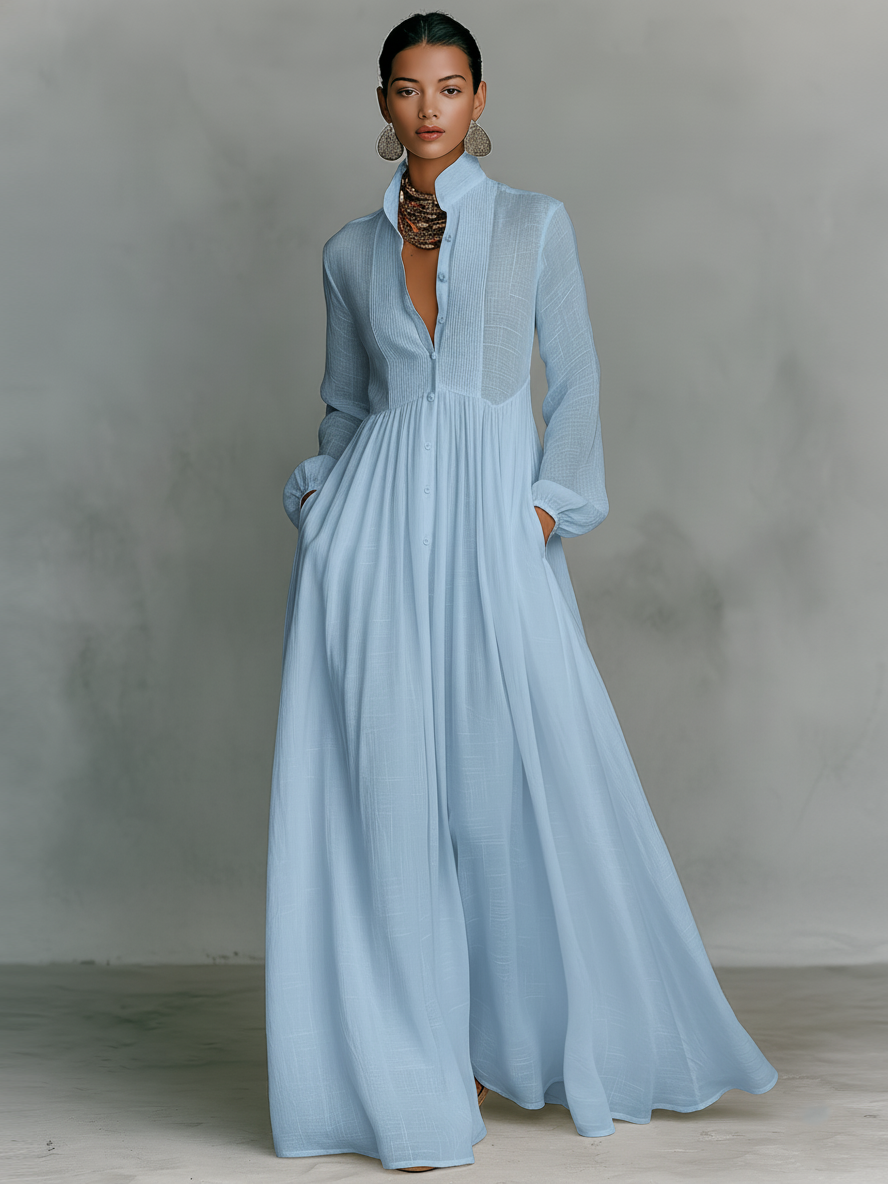 Women's Minimalist Cotton And Linen Patchwork Single-breasted Stand-up Collar Long-sleeved Maxi Dress MDA0658K6Y