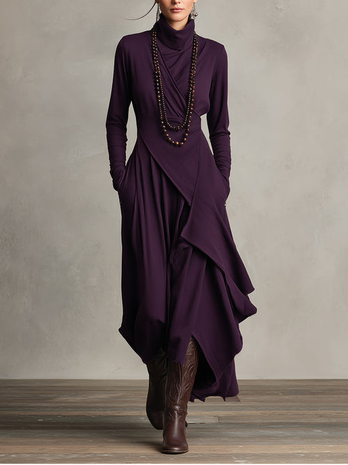 Women's Purple Bohemian Cotton Stretch Turtleneck Asymmetrical Draped Maxi Dress MDA2055J9I