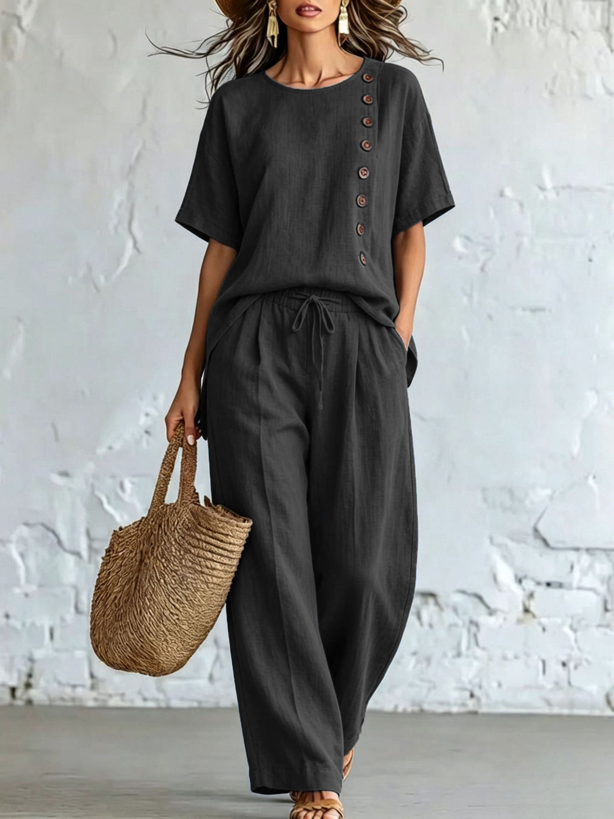Women's Loose & Slimming Two-Piece Set: Side-Button Short-Sleeve Top and Wide-Leg Pants