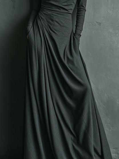 Women's Charcoal Elegant Stretch Polyester-Cotton Blend Turtleneck Draped Maxi Dress MDA1727J1I