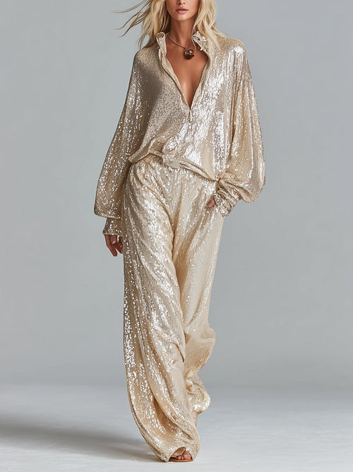 Women's Gold Glamorous Sequin Collared Half - Zip Wide - Leg Loungewear Party Set MDA2425I0I