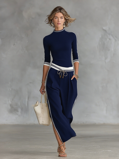 Women's Sports Half-high-neck Long-sleeved T-shirt Drawstring Wide-leg Pants Two-piece Set MDA2569G9Y