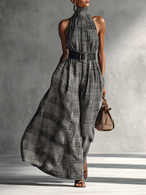 Women's Plaid High Collar Sleeveless Belted Maxi Dress MDA1002G2Y