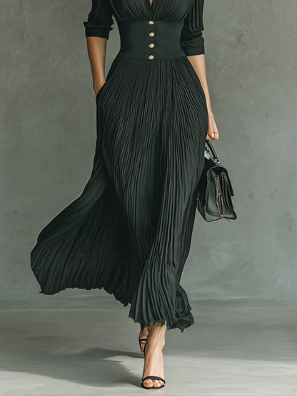 Women's Solid Color Pleated Lapel Waist Long Sleeve Maxi Dress MDA0826G1Y