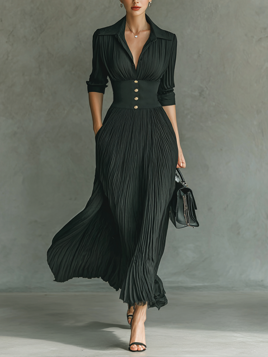 Women's Solid Color Pleated Lapel Waist Long Sleeve Maxi Dress MDA0826G1Y