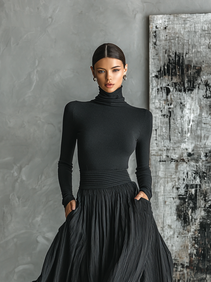 Women's Fashion All Black Skinny Turtleneck T-shirt Pleated Skirt Set MDA1366H1Y