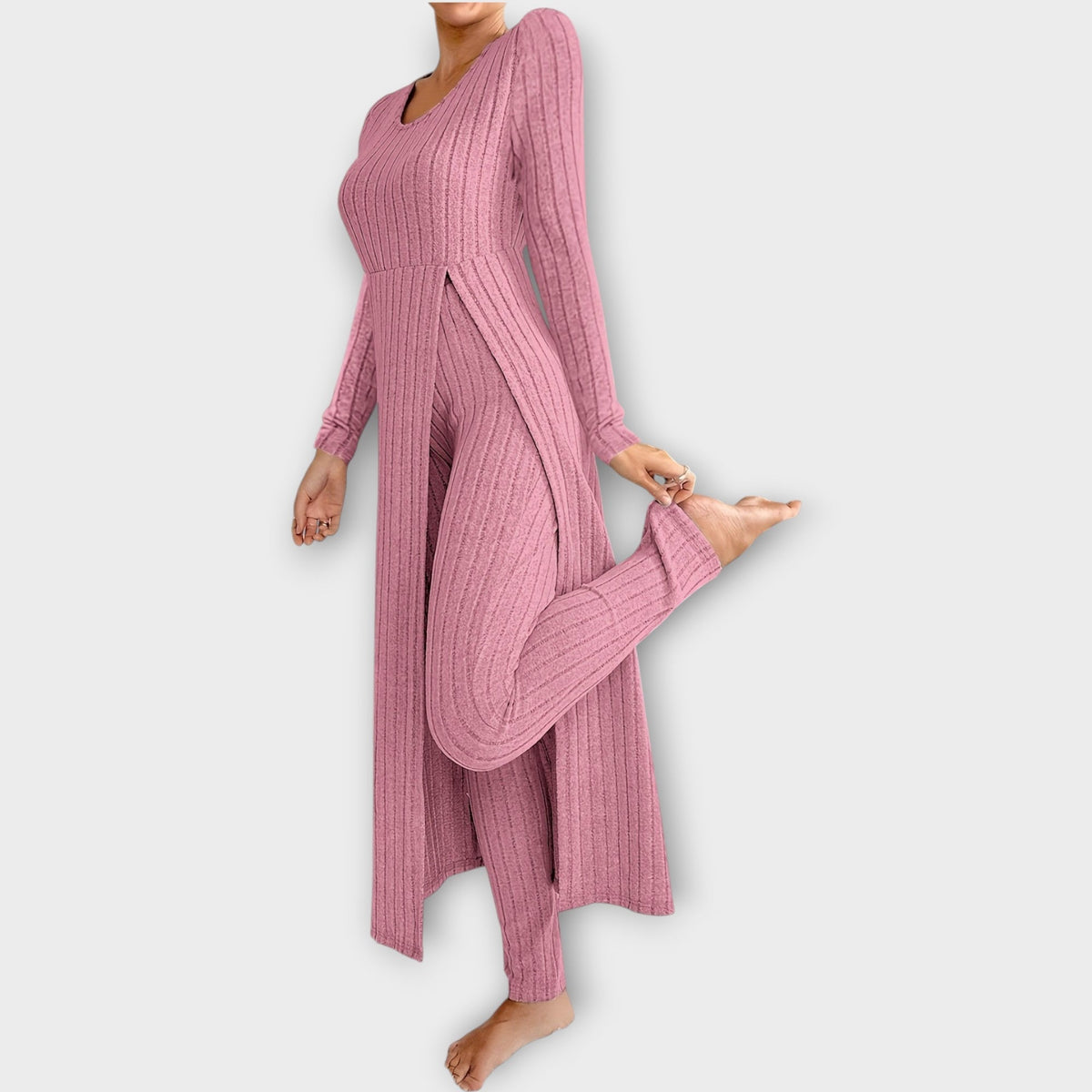 Ribbed Knit Lounge Set with Split Tunic