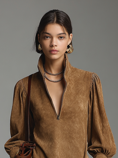 Women's Fashion Loose Suede Zipper Turtleneck Mini Dress MDA2738H7Y