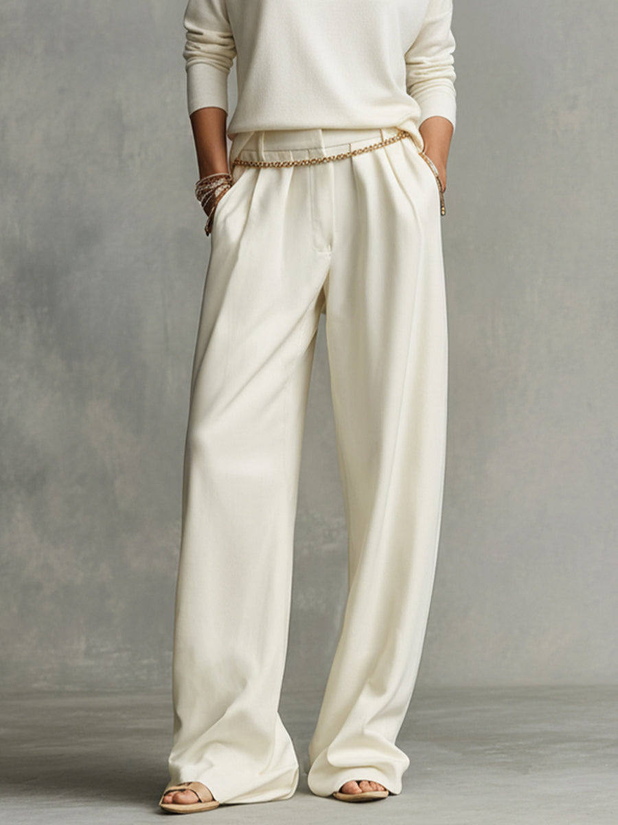 Women's Cream Soft Knit Chic Turtleneck Top & Flowy Wide-Leg Pant Set MDA0185K5I