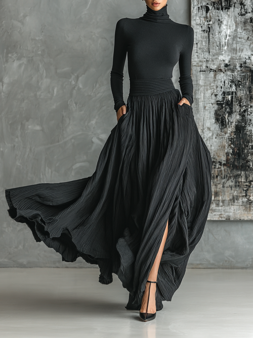 Women's Fashion All Black Skinny Turtleneck T-shirt Pleated Skirt Set MDA1366H1Y