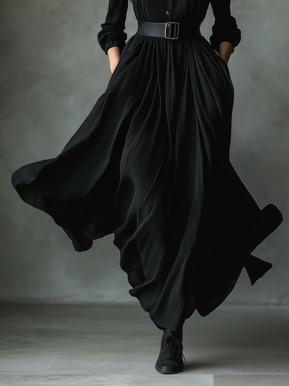 Women's Black Blend Textured Pleated Vintage Maxi Dress MDA0859H8T