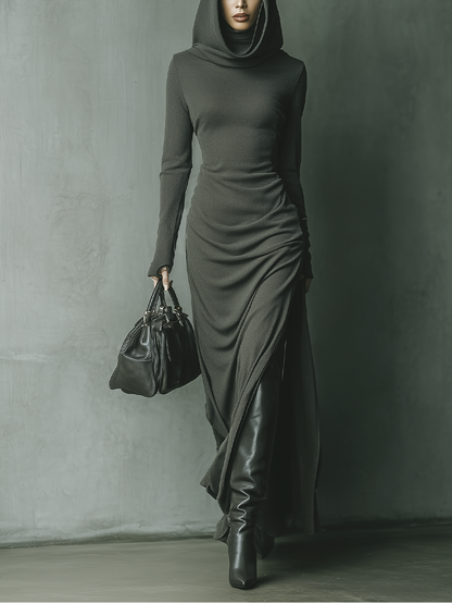 Women's Dark Grey High Elastic Knitted Hooded Maxi Dress MDA1303J1T