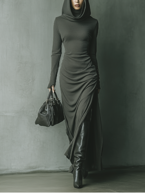 Women's Dark Grey High Elastic Knitted Hooded Maxi Dress MDA1303J1T