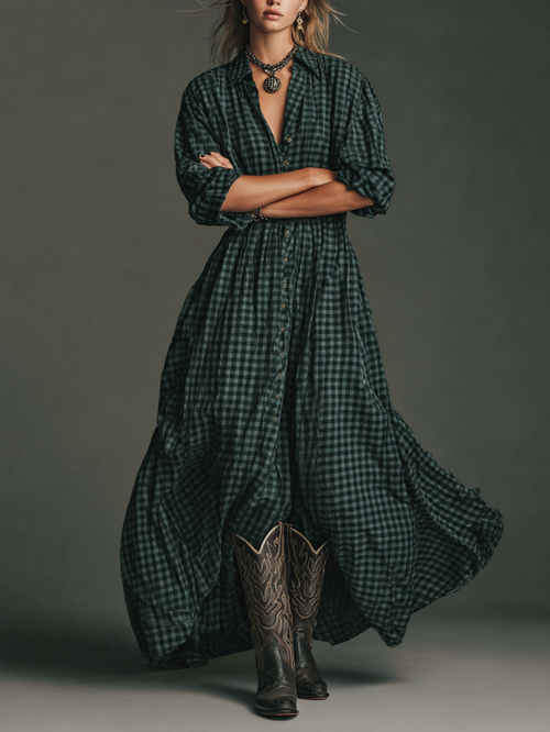 Women's Plaid Long Sleeve Shirt Maxi Dress MDA1241H2Y
