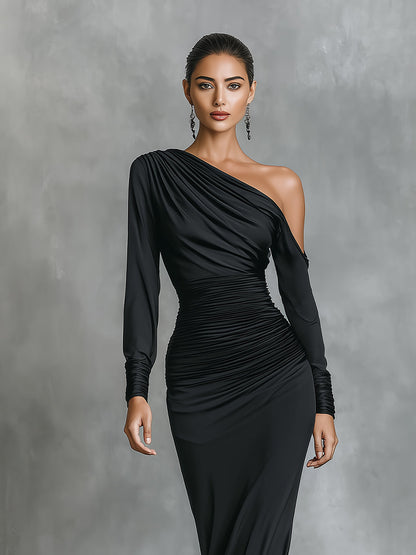 Women's Black Elegant Satin One - Shoulder Ruched Mermaid Maxi Dress MDA2278I0I