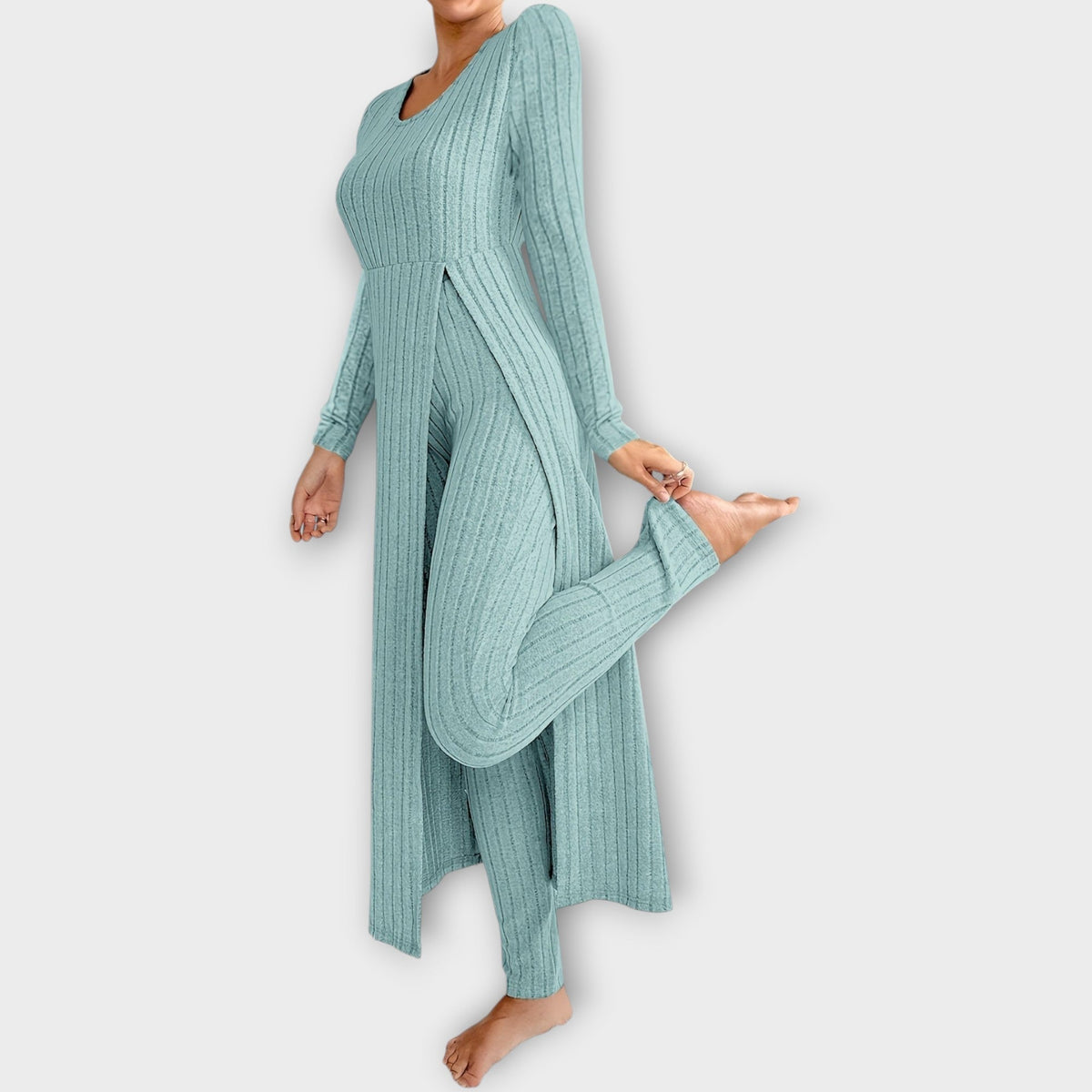 Ribbed Knit Lounge Set with Split Tunic